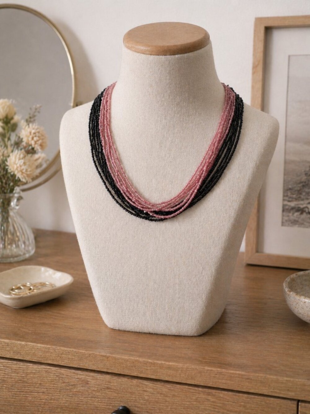Delicate Layers! Petite Pink & Black Multi-Strand Beaded Necklace Set